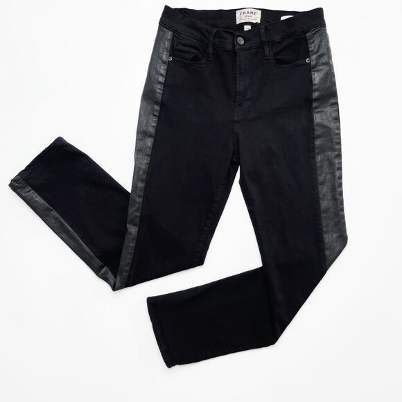 Frame Denim Le High Rise Straight Black Noir Coated Tuxedo Side Stripe Jeans 26 - Picture 3 of 14